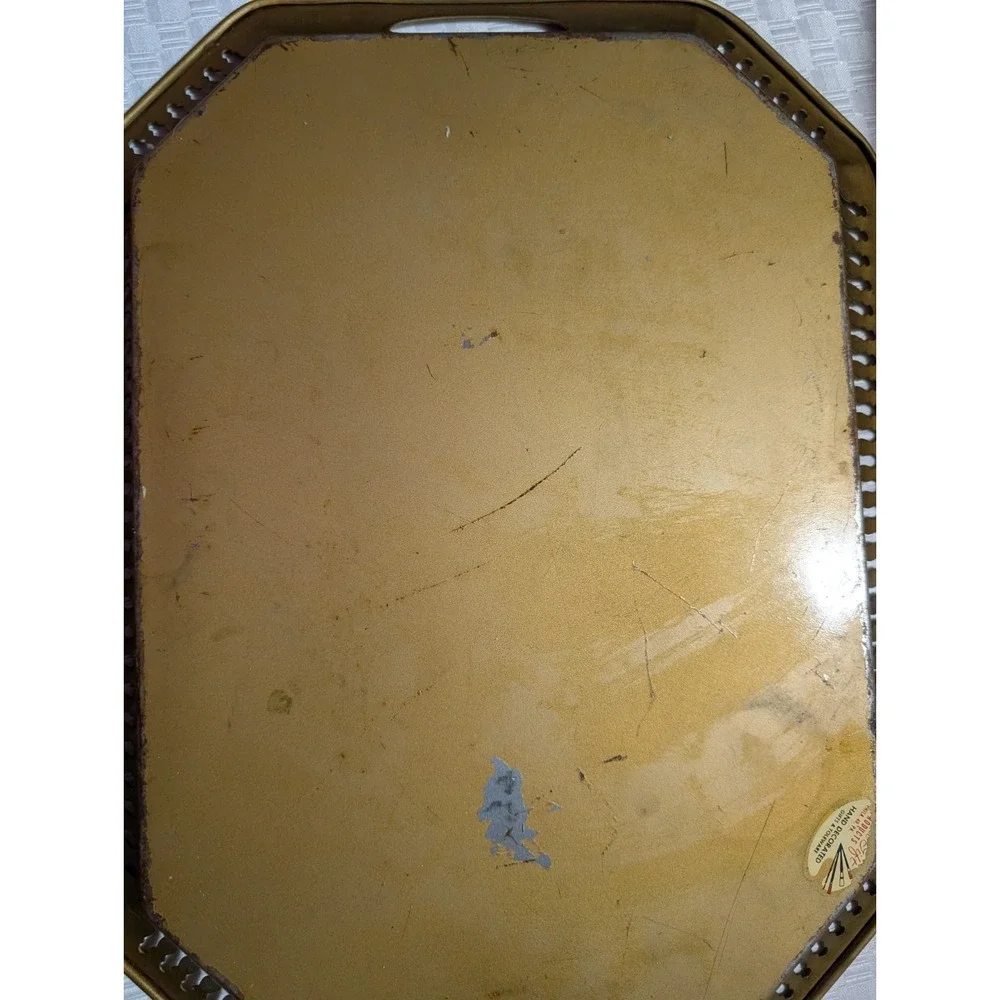 Vintage Toleware Tole Hand Painted Floral Metal Tray Gold w/ White Flowers